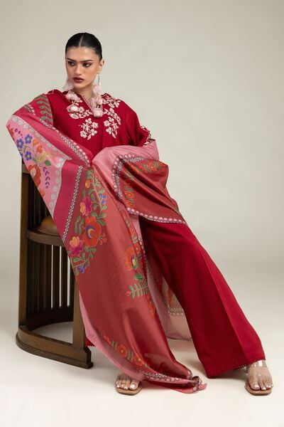 Embroidered | Polyester Silk | Red Floral Dupatta | AED 30.00