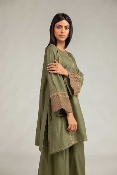 Embroidered | Cotton Dobby | Olive V-Neck Kurta | AED 180.00