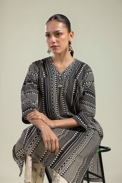 Printed | Cambric | Black V-Neck Kurta | AED 150.00