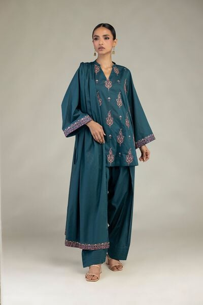 Embroidered | Cambric | Short Teal Kurta | AED 130.00