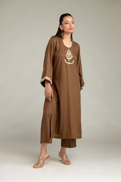 Dyed | Raw Silk | Solid Brown Pants | AED 130.00