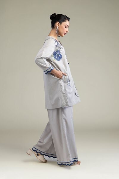 Embroidered | Cotton Dobby | Gray Solid Pants | AED 80.00