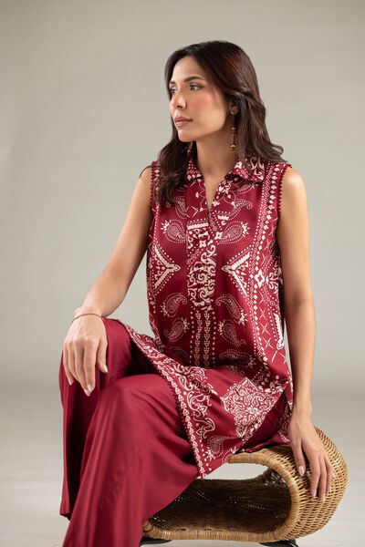 Printed | Viscose | Sleeveless Wing-Collar Kurta | AED 150.00