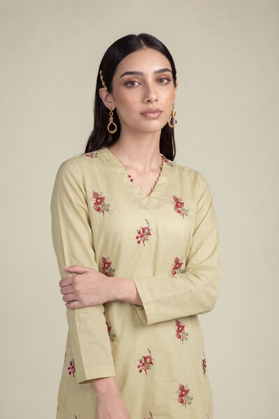Embroidered | Cambric | Beige Cambric Kurta | AED 180.00