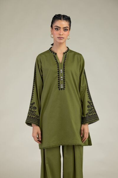 Embroidered | Cotton Dobby | Cotton Olive Kurta | AED 200.00