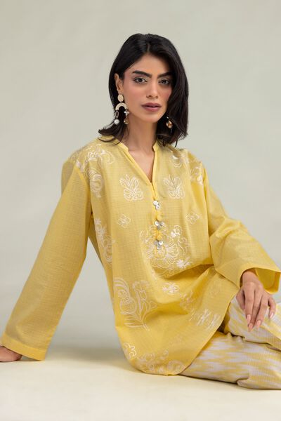 Embroidered | Cotton Dobby | Yellow Floral Kurta | AED 180.00