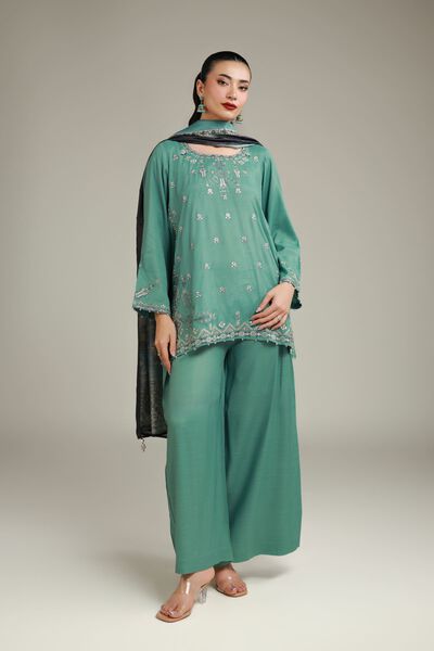 Embroidered | Raw Silk | Summer Teal Pants | AED 39.00