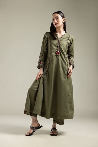 Embroidered |Cotton Dobby | Cotton Olive Pants | AED 80.00
