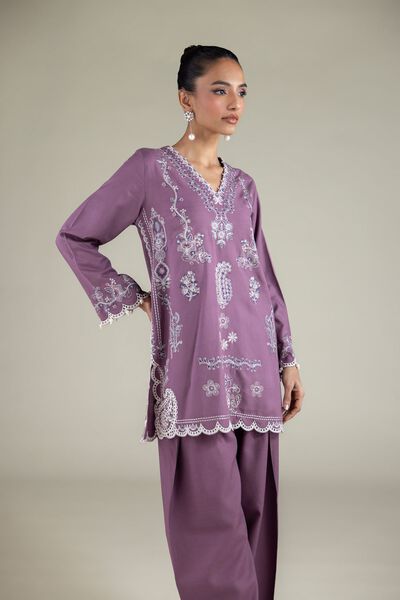 Embroidered | Raw Silk | Floral V-Neck Kurta | AED 125.00
