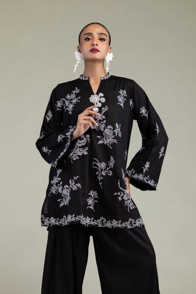 Embroidered | Raw Silk | Black Silk Kurta | AED 125.00