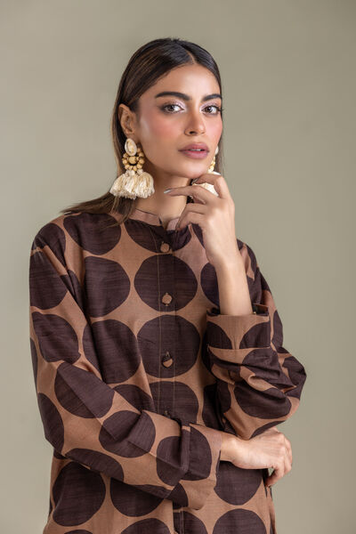 Printed | Light Khaddar | Brown Longline Kurta | AED 150.00