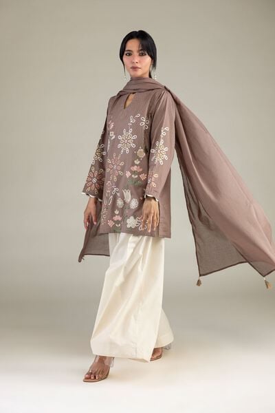 Embroidered | Cotton Dobby | Brown V-Neck Kurta | AED 200.00