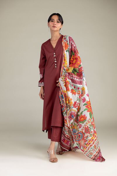 Embroidered | Cotton Dobby | Maroon V-Neck Kurta | AED 60.00