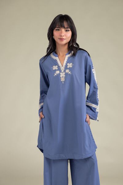 Embroidered | Cambric | Blue Threadwork Kurta | AED 180.00