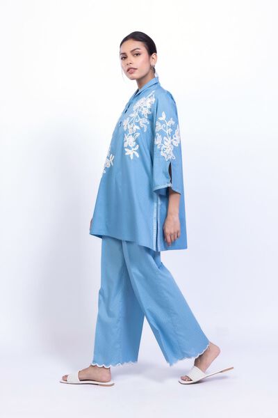 Embroidered | Cotton Dobby | Blue Summer Pants | AED 40.00