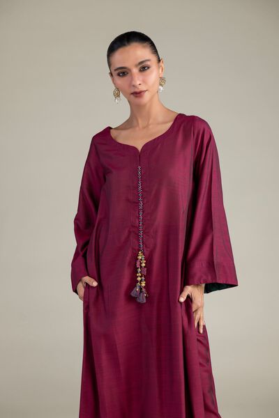 Dyed | Textured Raw Silk | Maroon Longline Kurta | AED 180.00