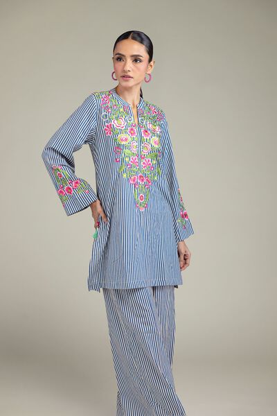 Embroidered | Cambric | Blue Floral Kurta | AED 130.00