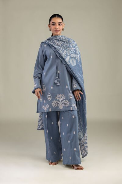 Textured Cotton | Embroidered | Blue Embroidered Pants | AED 150.00