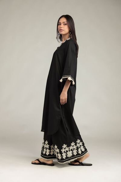 Embroidered | Cotton Dobby | Floral Black Pants | AED 180.00