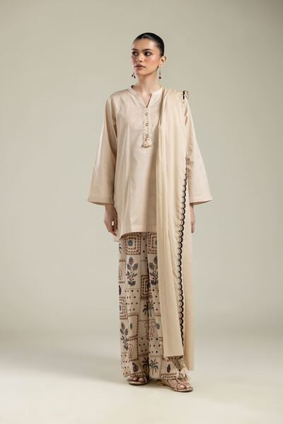 Embroidered |Cotton Dobby | Beige Cotton Pants | AED 180.00