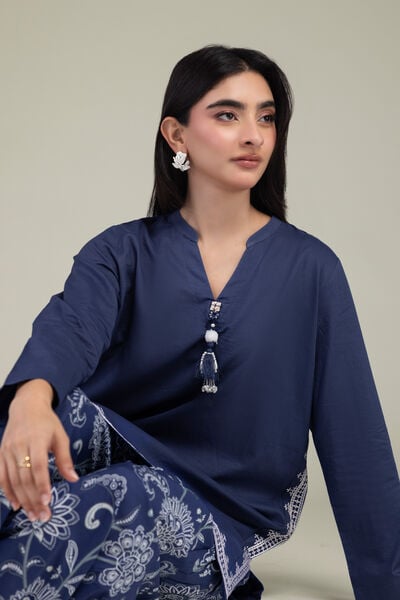 Embroidered | Cambric | Short Navy Kurta | AED 150.00