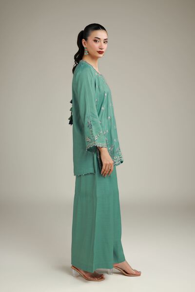 Embroidered | Raw Silk | Summer Teal Pants | AED 39.00