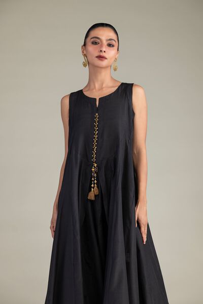 Dyed | Textured Raw Silk | Black Sleeveless Kurta | AED 230.00