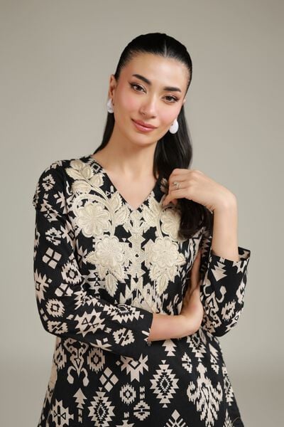 Embroidered | Cotton Dobby | Black V-Neck Kurta | AED 100.00