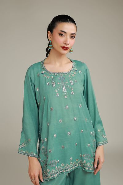 Embroidered | Raw Silk | Floral Drawstring Kurta | AED 125.00