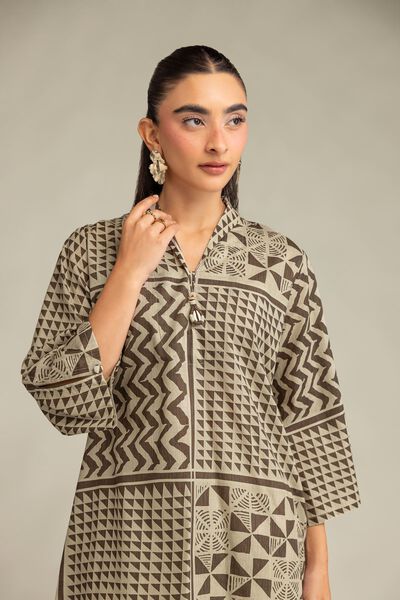 Printed | Cambric | Beige V-Neck Kurta | AED 150.00