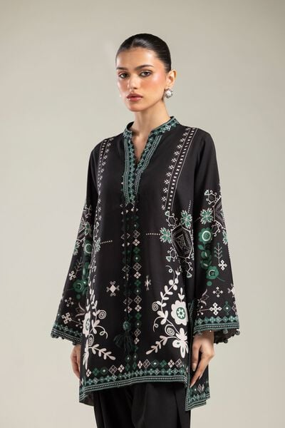 Embroidered | Raw Silk | Black V-Neck Kurta | AED 54.00