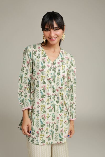 Embroidered | Cotton Dobby | Floral V-Neck Kurta | AED 100.00