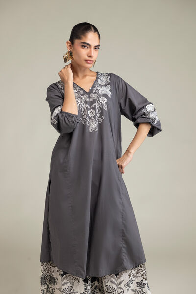 Embroidered | Cambric | Gray V-neck Kurta | AED 180.00
