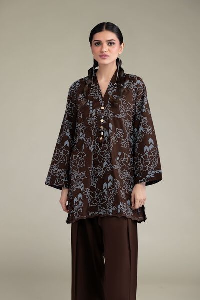 Printed | Cambric | Brown V-Neck Kurta | AED 130.00