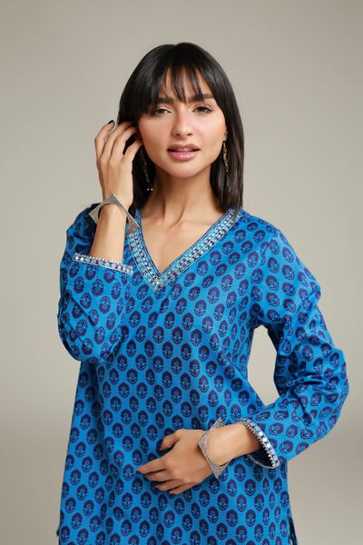 Embroidered | Cambric | Short Blue Kurta | AED 100.00