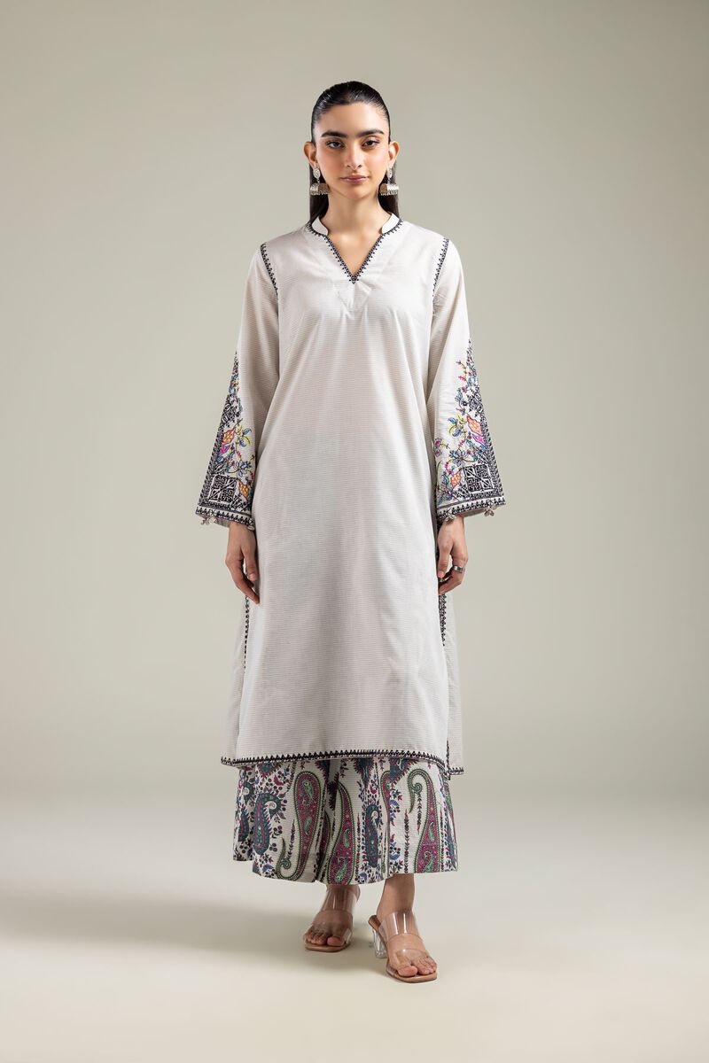 Embroidered | Mesuri | Off-White Longline Kurta | AED 180.00