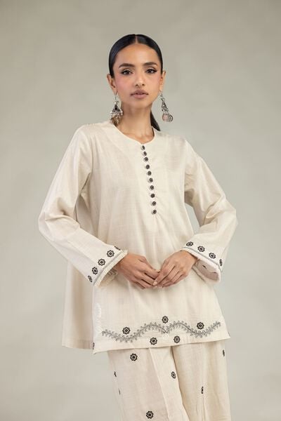 Textured Cotton | Embroidered | Short Round-Neck Kurta | AED 180.00