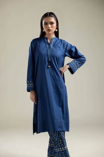 Embroidered |Cotton Dobby | Blue Longline Kurta | AED 130.00