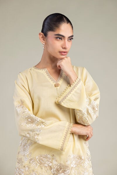 Embroidered | Cambric | Floral Yellow Kurta | AED 200.00