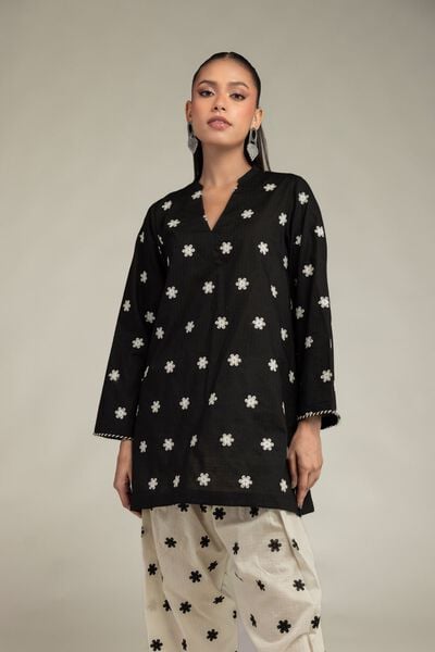 Embroidered | Cotton Dobby | Black V-Neck Kurta | AED 180.00