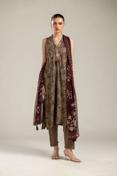 Embroidered | Raw Silk | Brown Sleeveless Kurta | AED 69.00