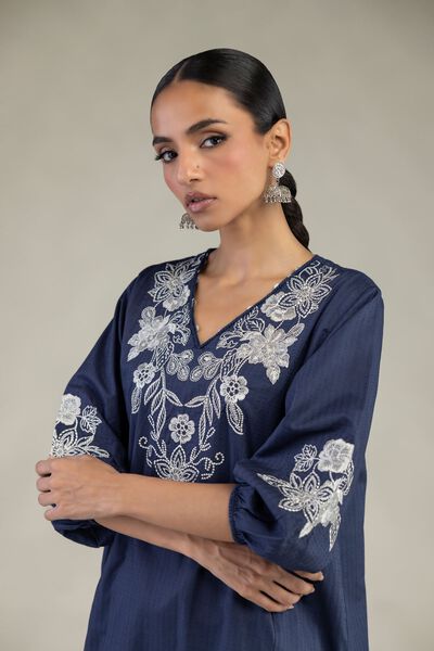 Embroidered | Cotton Dobby | Floral V-Neck Kurta | AED 200.00