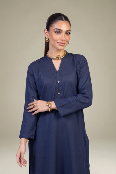 Dyed | Raw Silk | Navy V-Neck Kurta | AED 150.00