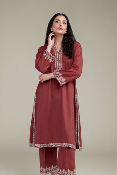 Embroidered | Cotton Dobby | Longline V-Neck Kurta | AED 200.00