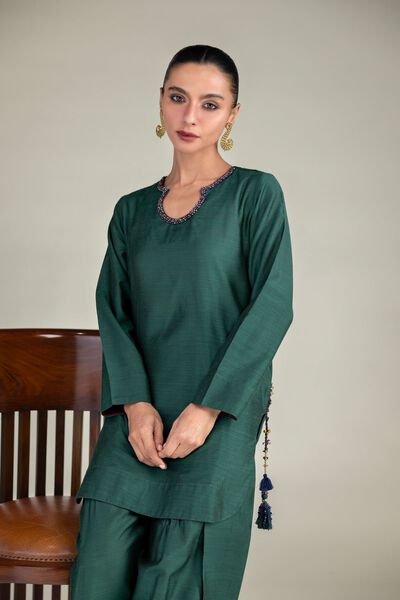 Dyed | Textured Raw Silk | Solid Green Kurta | AED 180.00