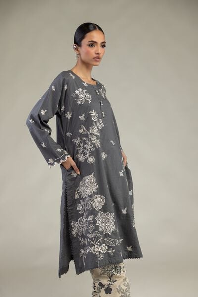 Embroidered | Cotton Dobby | Gray Longline Kurta | AED 230.00