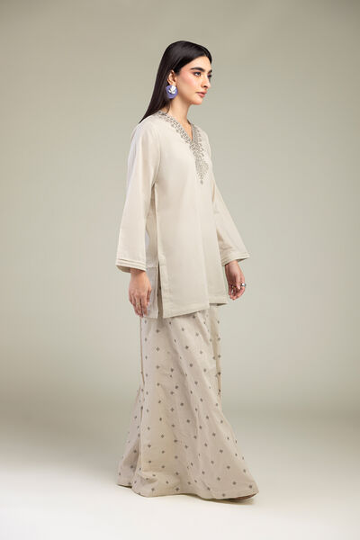 Embroidered | Cambric | Beige Cambric Pants | AED 150.00