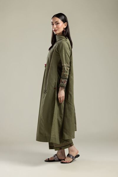 Embroidered |Cotton Dobby | Cotton Olive Pants | AED 80.00
