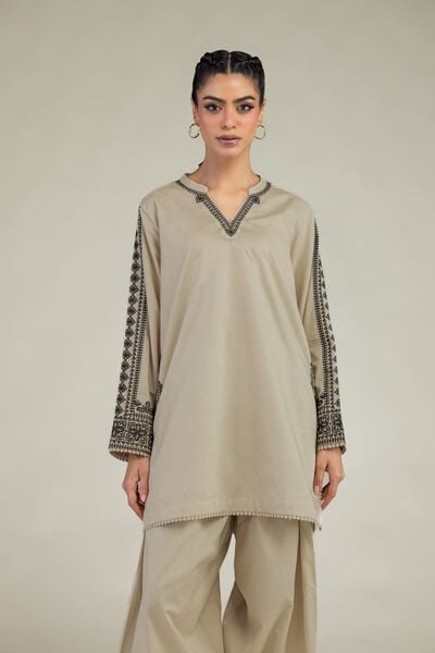 Embroidered | Cotton Dobby | Beige V-Neck Kurta | AED 200.00