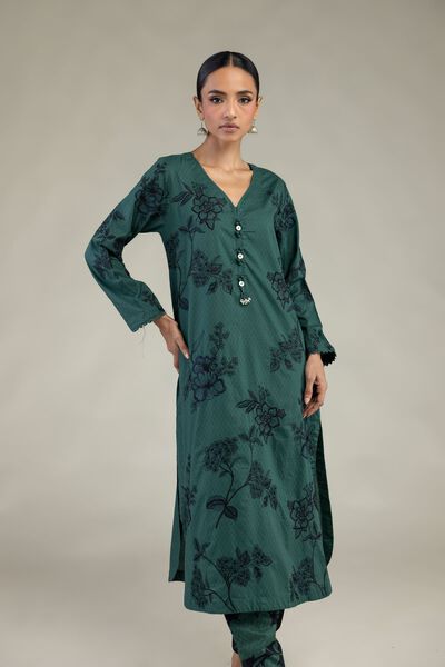 Embroidered | Cotton Dobby | Green Longline Kurta | AED 250.00